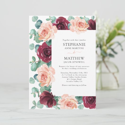 Eukalyptus Dusty Rose Burgundy Botanische Hochzeit Einladung (Stehend Vorderseite)