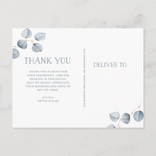 Eukalyptus-Einfachheit | Wedding Foto Vielen Dank Ankündigungspostkarte (Rückseite)