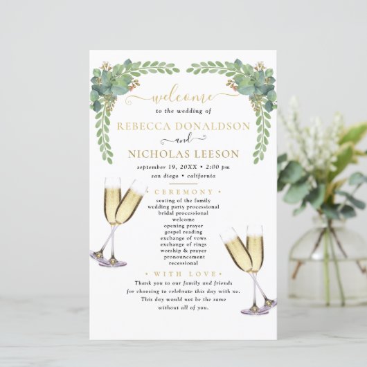 Eukalyptus Elegant Calligraphy Wedding Program (Stehend Vorderseite)