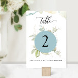 Eukalyptus Elegant Greenerity Wedding, Mist Blue Tischnummer<br><div class="desc">Freuen Sie sich auf das Tischdekor mit dieser schönen Tischnummer und erlesenen Eukalyptus-Aquarellen, zarten Aquarellfarben und modernen handgeschriebenen Kalligrafiedetails. Möglichkeit, mit Ihrem Namen(en) und Event zu personalisieren. HINWEIS: Bitte bestellen Sie "jede" Tischnummer, die Sie für Ihre Veranstaltung benötigen. (d.h. bei drei Tabellen müsste man drei verschiedene Bestellungen aufgeben, eine Bestellung...</div>