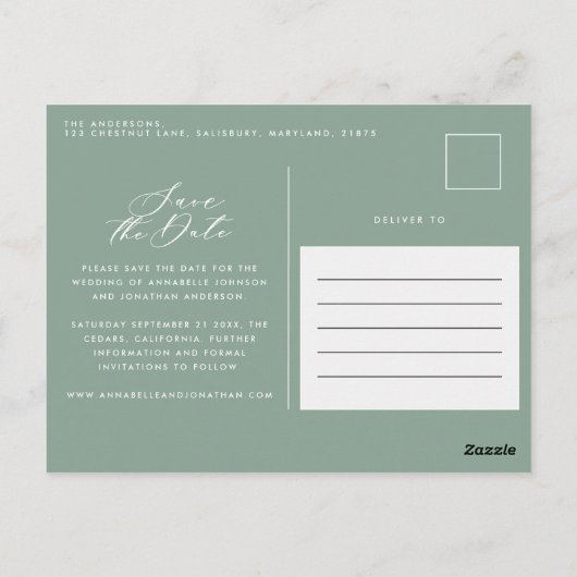 Eukalyptus elegante grüne Hochzeit speichern das D Postkarte (Rückseite)