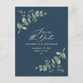 Eukalyptus elegante marineblaue Hochzeit speichern Postkarte (Vorderseite)