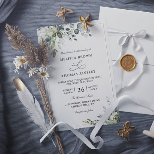 Eukalyptus Elegante Moderne Budget QR-Code-Hochzei Einladung