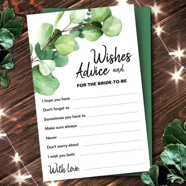 Eukalyptus Elegante Moderne Hochzeitsslittlichkeit (Eucalyptus Bride To Be Wishes & Advice Card, Advice For The Bride)