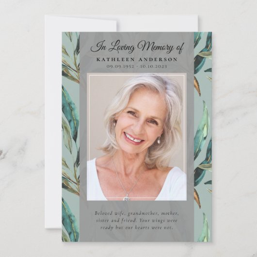 Eukalyptus Elegantes Pattern Foto Beerdigung Progr Einladung (Vorderseite)