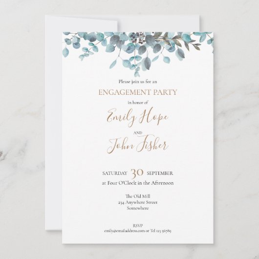 Eukalyptus-Engagement für blaues Wasser Einladung (Vorderseite)