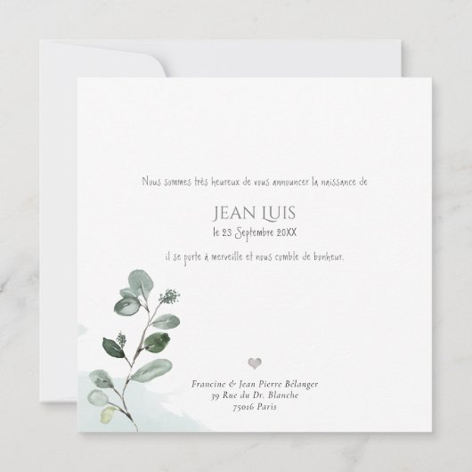 Eukalyptus Faire part de Naissance Garçon Einladung (Rückseite)