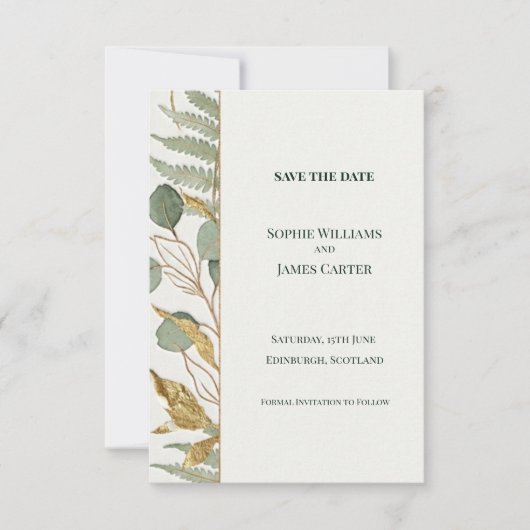 Eukalyptus-Farn-Gold Save-the-Date-Karte Save The Date (Vorderseite)