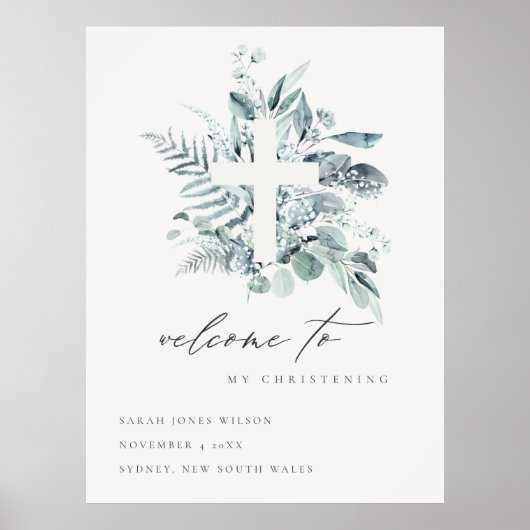 Eukalyptus Fern Fauna Cross Christening Willkommen Poster (Vorne)