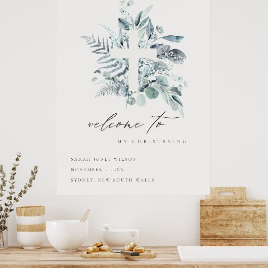 Eukalyptus Fern Fauna Cross Christening Willkommen Poster (Küche)