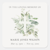 Eukalyptus Fern Fauna Cross Memorial Beileid Quadratischer Aufkleber (Vorderseite)