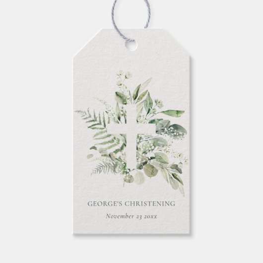 Eukalyptus fern Foliage Cross Christening Geschenkanhänger (Vorderseite)