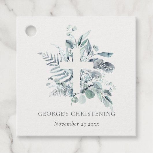 Eukalyptus fern Foliage Cross Christening Geschenkanhänger (Vorderseite)