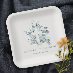 Eukalyptus fern Foliage Cross Christening Pappteller