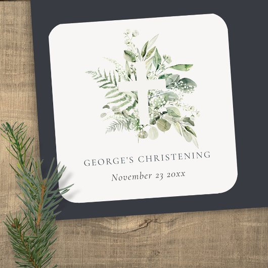 Eukalyptus fern Foliage Cross Christening Quadratischer Aufkleber