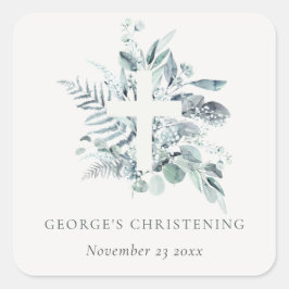 Eukalyptus fern Foliage Cross Christening Quadratischer Aufkleber