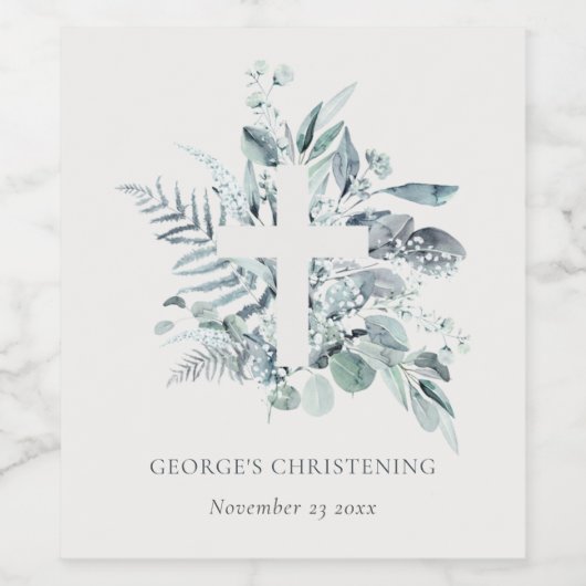Eukalyptus fern Foliage Cross Christening Weinetikett (Einzelnes Label)
