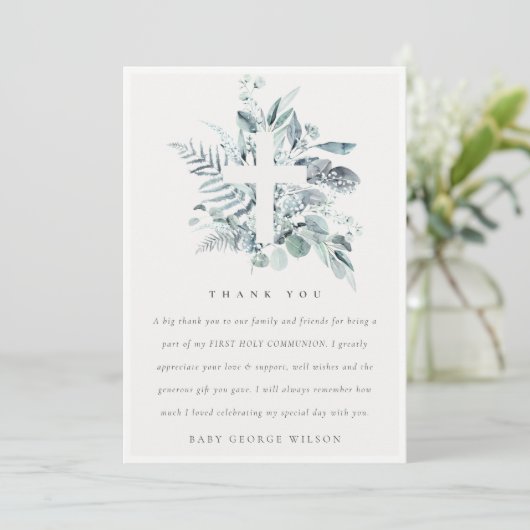 Eukalyptus Fern Foliage Cross Erste Heilige Kommun Dankeskarte (Stehend Vorderseite)