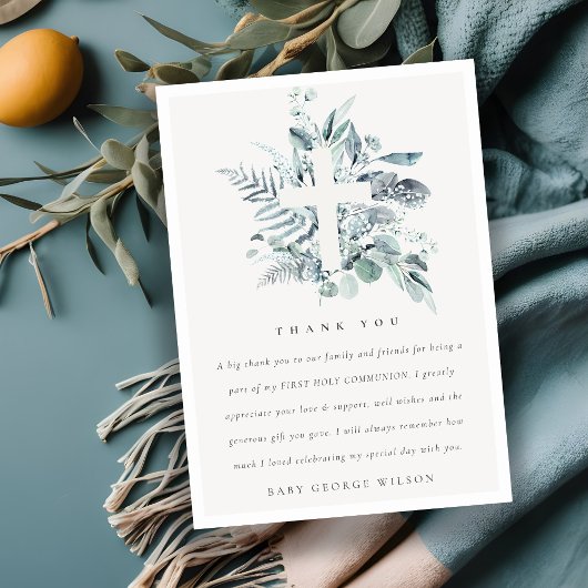 Eukalyptus Fern Foliage Cross Erste Heilige Kommun Dankeskarte