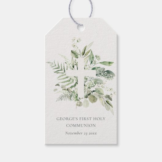 Eukalyptus Fern Foliage Cross Erste Heilige Kommun Geschenkanhänger (Vorderseite)