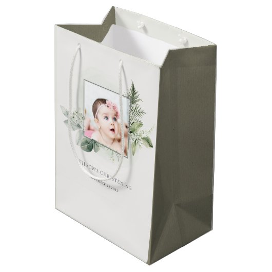 Eukalyptus fern Foliage Foto Christening Mittlere Geschenktüte (Rückseite Schrägansicht)