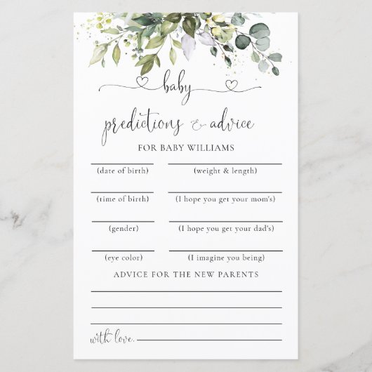 Eukalyptus Floral Baby Shower Predictions Card (Vorderseite)