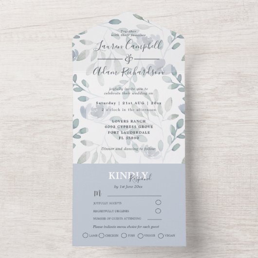 Eukalyptus floral Dusty Blue Wedding All In One Einladung (Innen Boden)