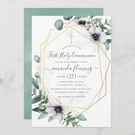 Eukalyptus Floral Geometric First Heilige Kommune Einladung (Vorne/Hinten)