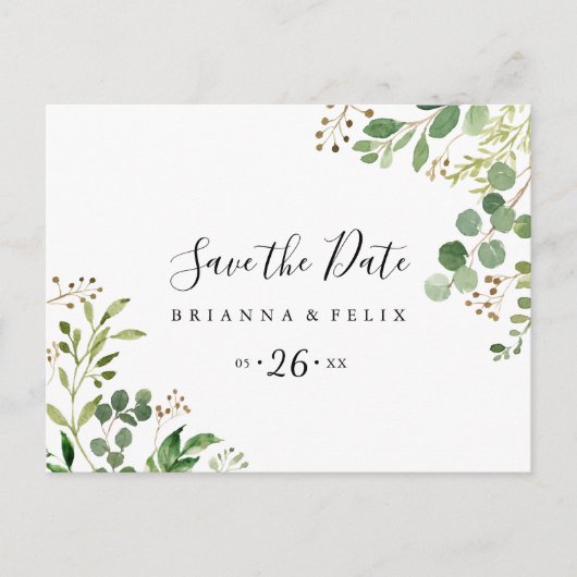 Eukalyptus Floral Horizontal Save the Date Postkarte (Vorderseite)