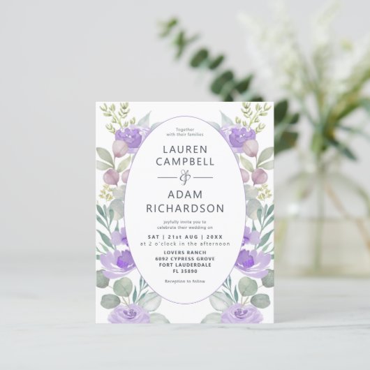 Eukalyptus Floral Lila Hochzeitseinladung (Stehend Vorderseite)