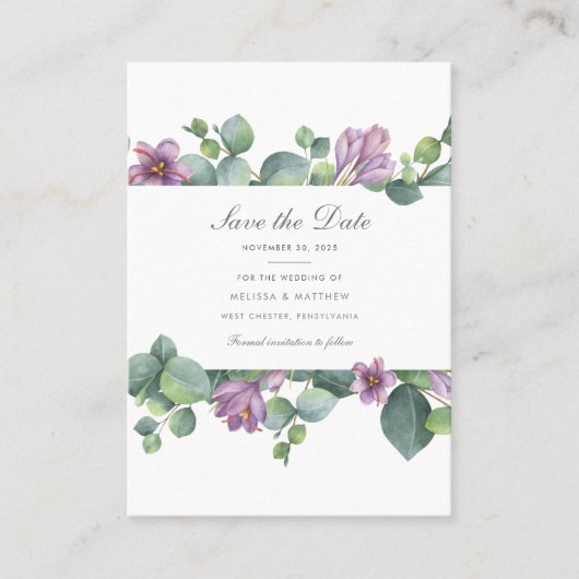 Eukalyptus Floral Modern Save the Date Card Visitenkarte (Vorderseite)