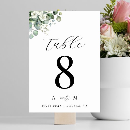 Eukalyptus Floral & Monogram Elegante White Weddin Tischnummer