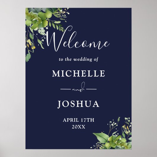 Eukalyptus Floral Navy Blue Wedding Willkommenszei Poster (Vorne)