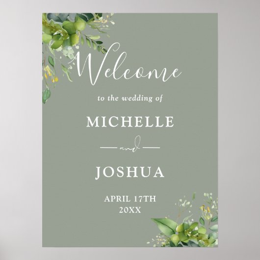 Eukalyptus Floral Sage Green Wedding Willkommensze Poster (Vorne)