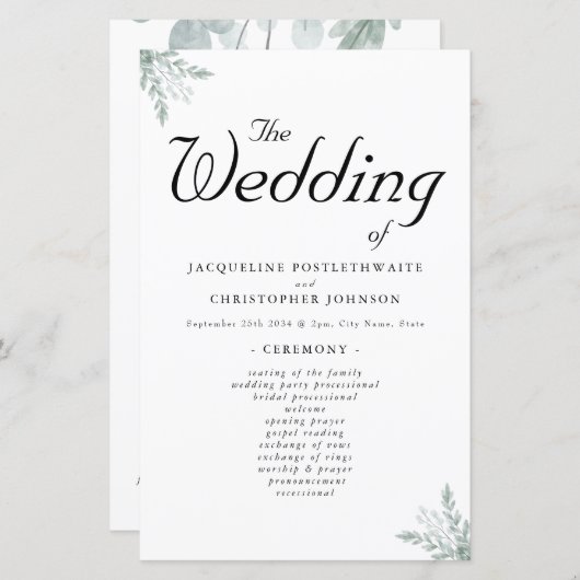 Eukalyptus Floral Wedding Ceremony Program (Vorne/Hinten)