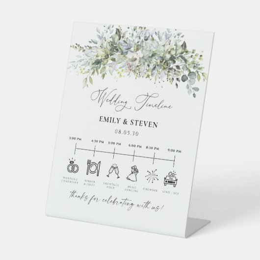 Eukalyptus Floral Wedding Timeline Sign Sockelschild (Vorderseite)