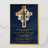 Eukalyptus florales Wood Cross Taufe Navy Gold Folieneinladung (Vorderseite)
