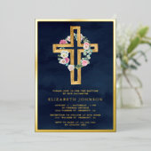 Eukalyptus florales Wood Cross Taufe Navy Gold Folieneinladung (Stehend vorne)