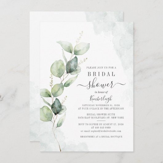 Eukalyptus Foliage Botanisches Script-Brautparty Einladung (Vorne/Hinten)