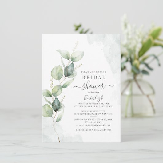 Eukalyptus Foliage Botanisches Script-Brautparty Einladung (Stehend Vorderseite)