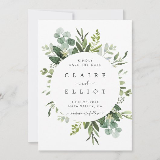 Eukalyptus Foliage Circle Frame Save the Date Kart (Vorderseite)