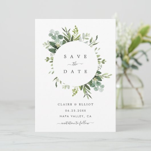 Eukalyptus Foliage Circle Frame Save the Date Kart (Stehend Vorderseite)