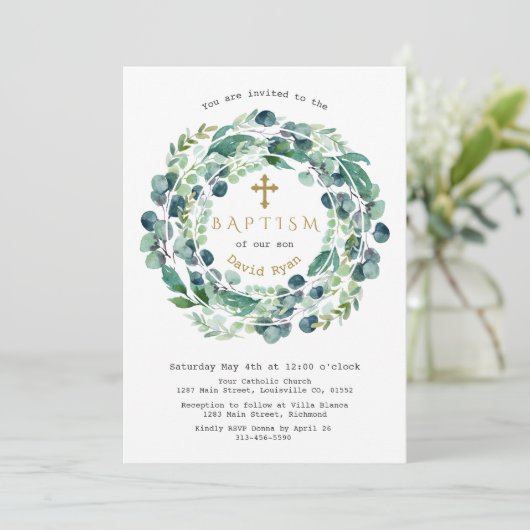 Eukalyptus Foliage Cross Baptisc Einladung (Stehend Vorderseite)