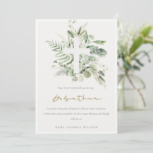 Eukalyptus Foliage Cross-Godvate-Vorschlag Einladu Dankeskarte (Stehend Vorderseite)