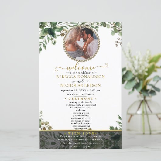 Eukalyptus Foliage Custom Foto Wedding Program (Stehend Vorderseite)
