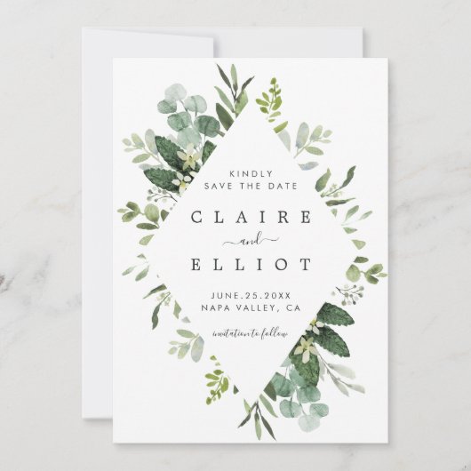 Eukalyptus Foliage Diamant Rahmen Save the Date (Vorderseite)