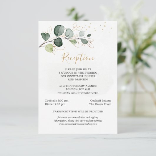 Eukalyptus Foliage Gold Blätter Hochzeitsempfang Begleitkarte (Stehend Vorderseite)