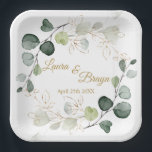Eukalyptus Foliage Gold Blätter Hochzeitspapierpla Pappteller<br><div class="desc">Dieses Design zeigt eine Aquarellbilder für Eukalyptusfolien und Blätter aus Gold.</div>