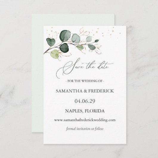Eukalyptus Foliage Gold-Blätter Save the Date Begleitkarte (Vorne/Hinten)