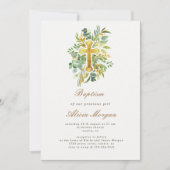 Eukalyptus Foliage Gold Cross Taufen Einladung (Vorderseite)